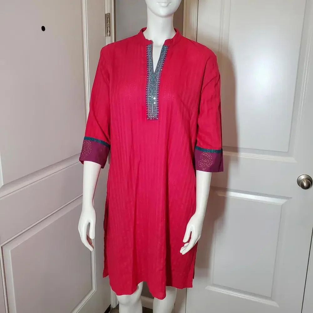Beautiful Fuscia Cotton Kurti Tunic Sequin Embellished Women's Size XL 101cm